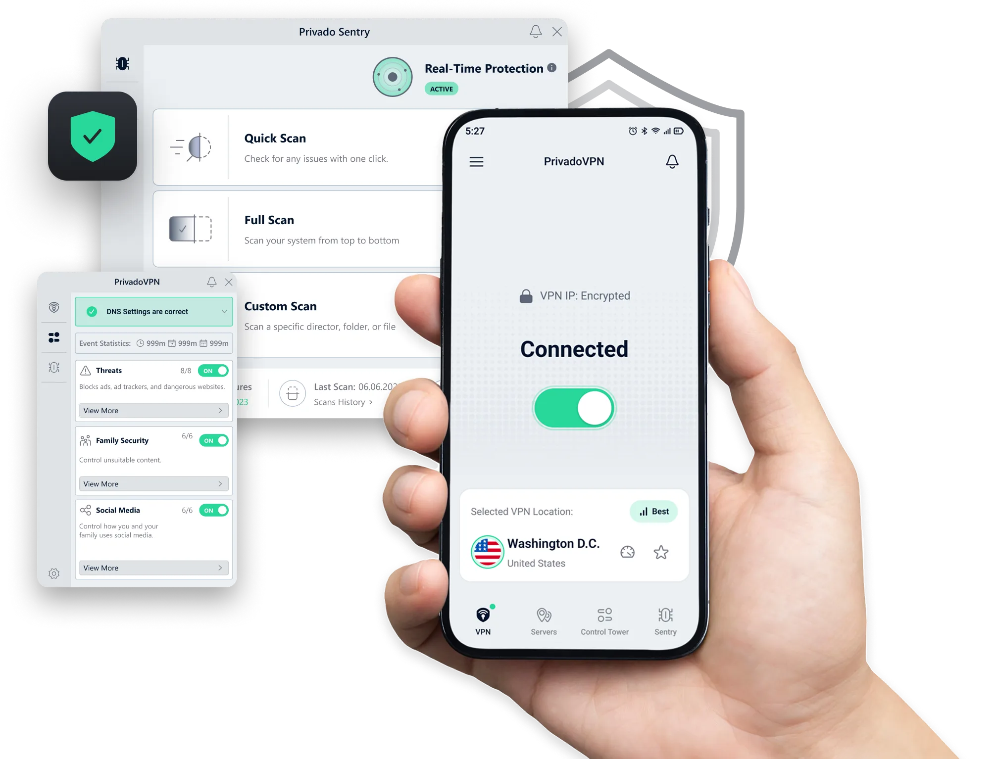 A hand is holding a cellphone in the foreground that shows the PrivadoVPN app interface front page. In the middleground is a floating window showing the Control Tower interface, and in the background is another floating window showing the Privado Sentry antivirus interface.