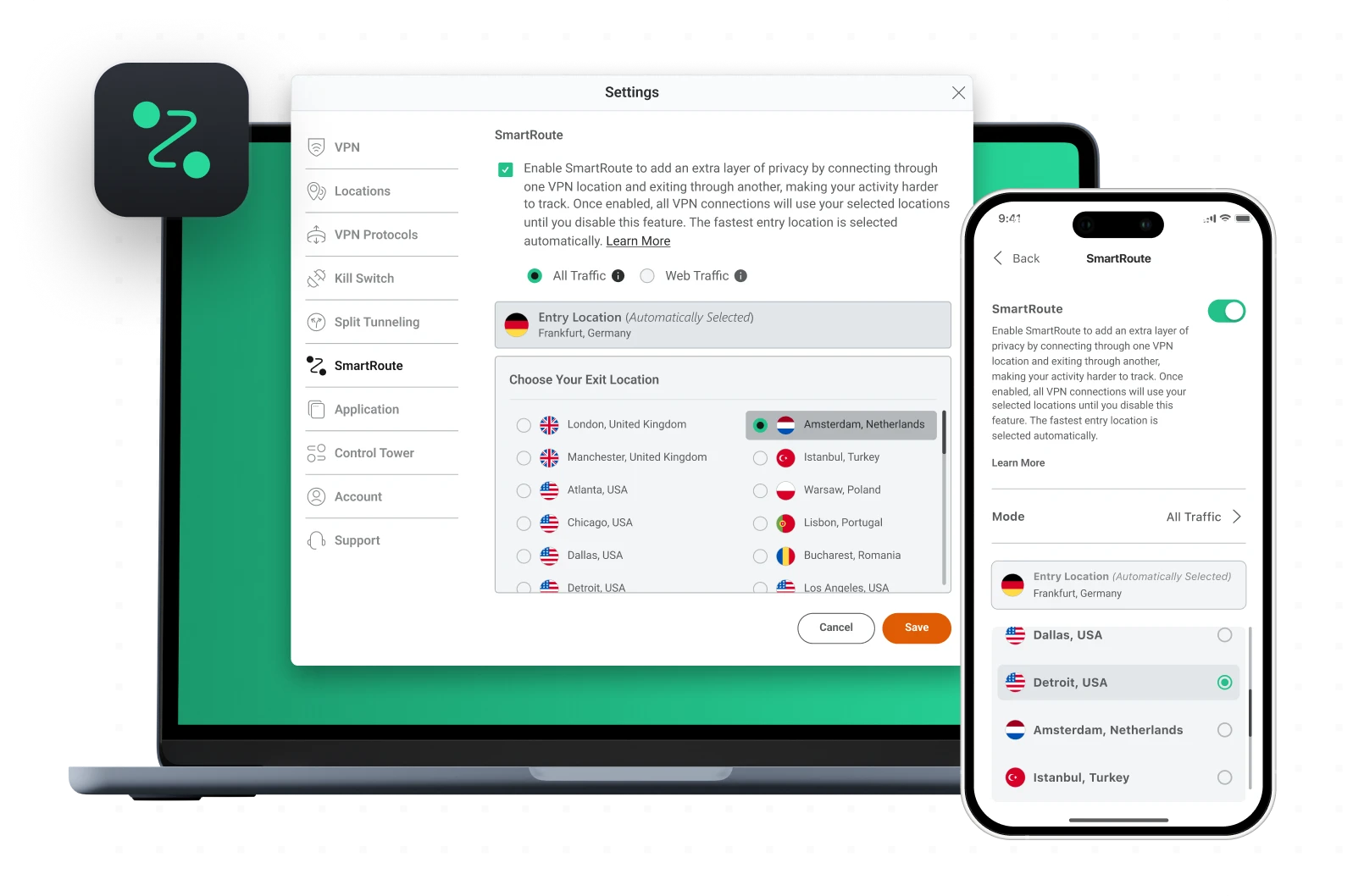 Un laptop è aperto e mostra il menu delle impostazioni di PrivadoVPN con SmartRoute visibile e abilitato. C'è anche un telefono cellulare che mostra la stessa schermata nella versione mobile dell'app.