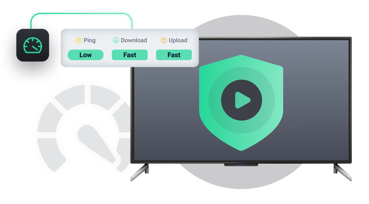 A series of icons that indicate that PrivadoVPN is a fast, low ping VPN with a variety of servers to choose from around the world.