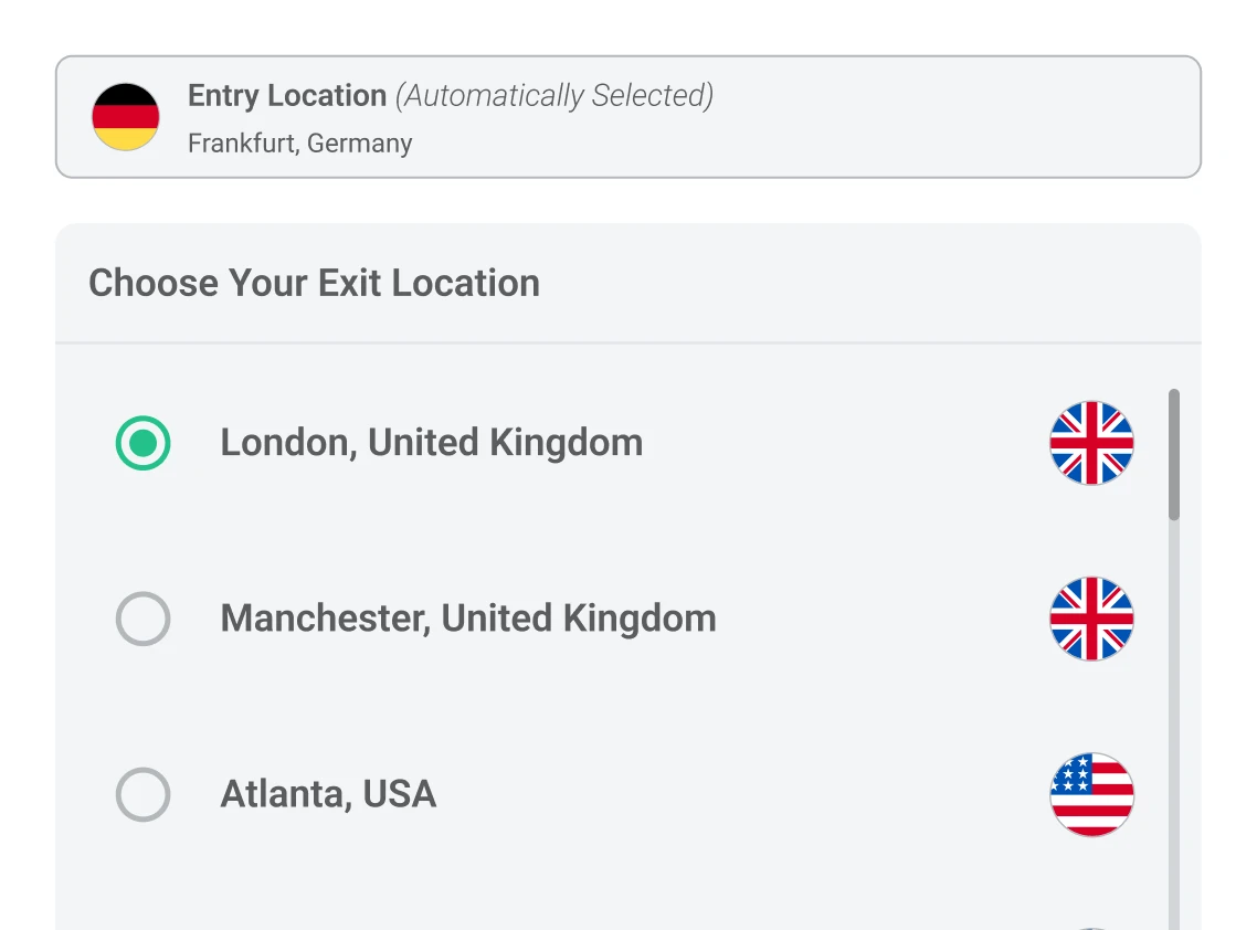 Un primo piano dell'app desktop PrivadoVPN che mostra un punto di ingresso a Francoforte, in Germania, e l'utente che ha scelto un punto di uscita a Londra, nel Regno Unito.
