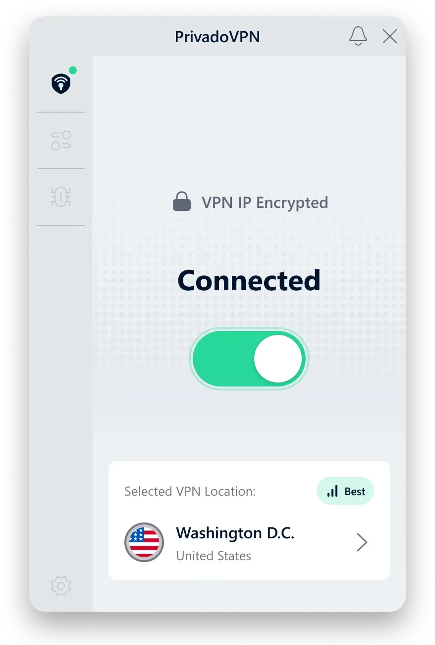An image of the main page of the PrivadoVPN VPN app interface. It is connected to a VPN server.