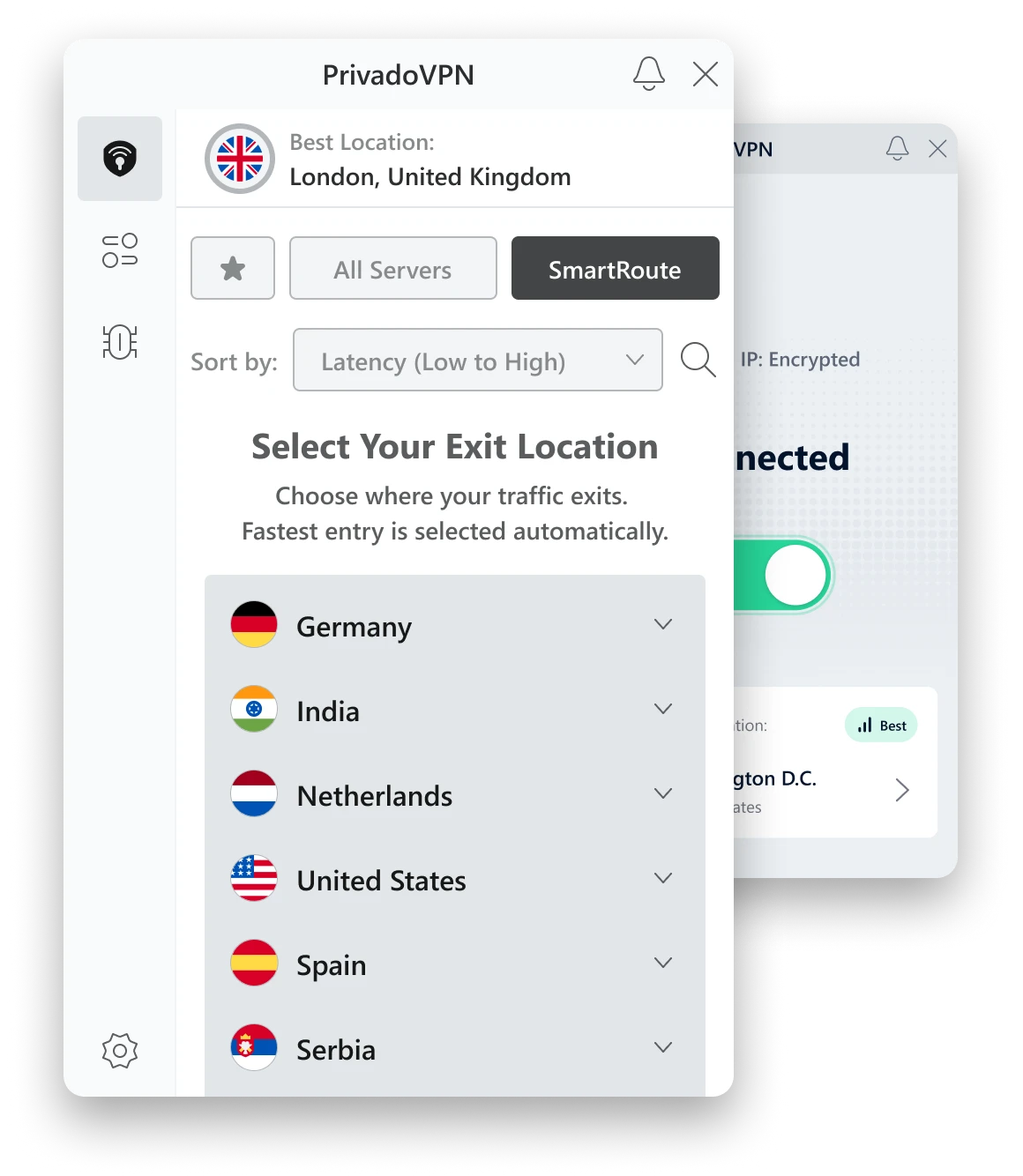 Primo piano della schermata di selezione del server dell'app PrivadoVPN . SmartRoute è evidenziato e all'utente viene chiesto di \"Selezionare la posizione di uscita\".